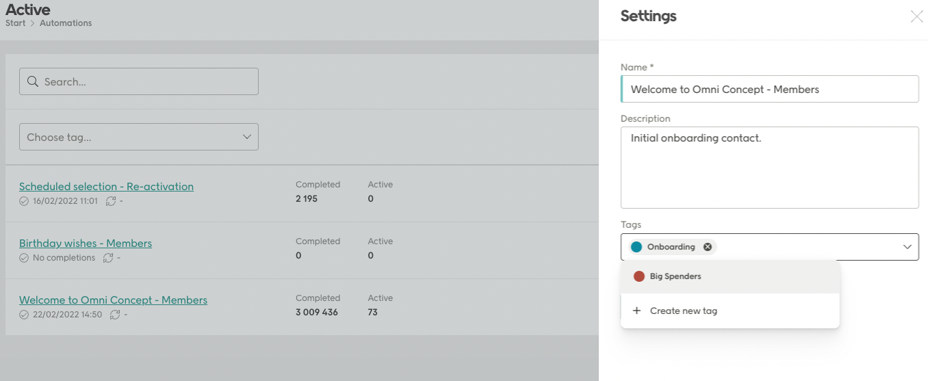 Settings and add a tag dialog