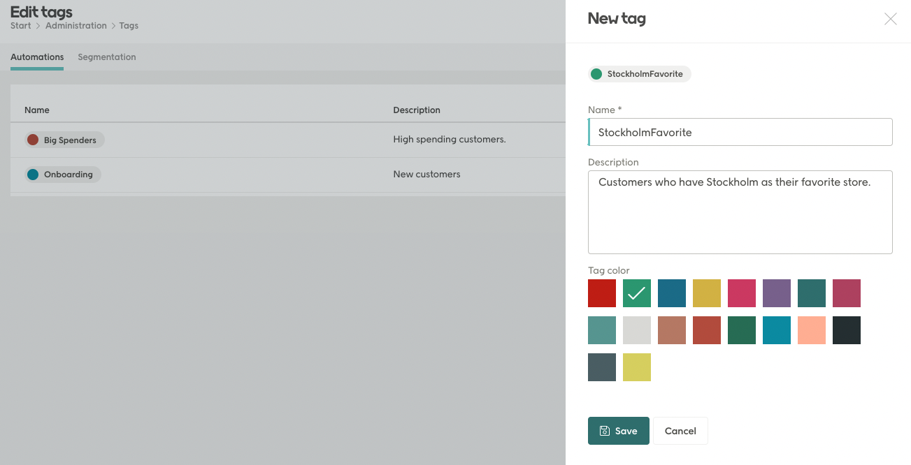 New tag dialog in automations
