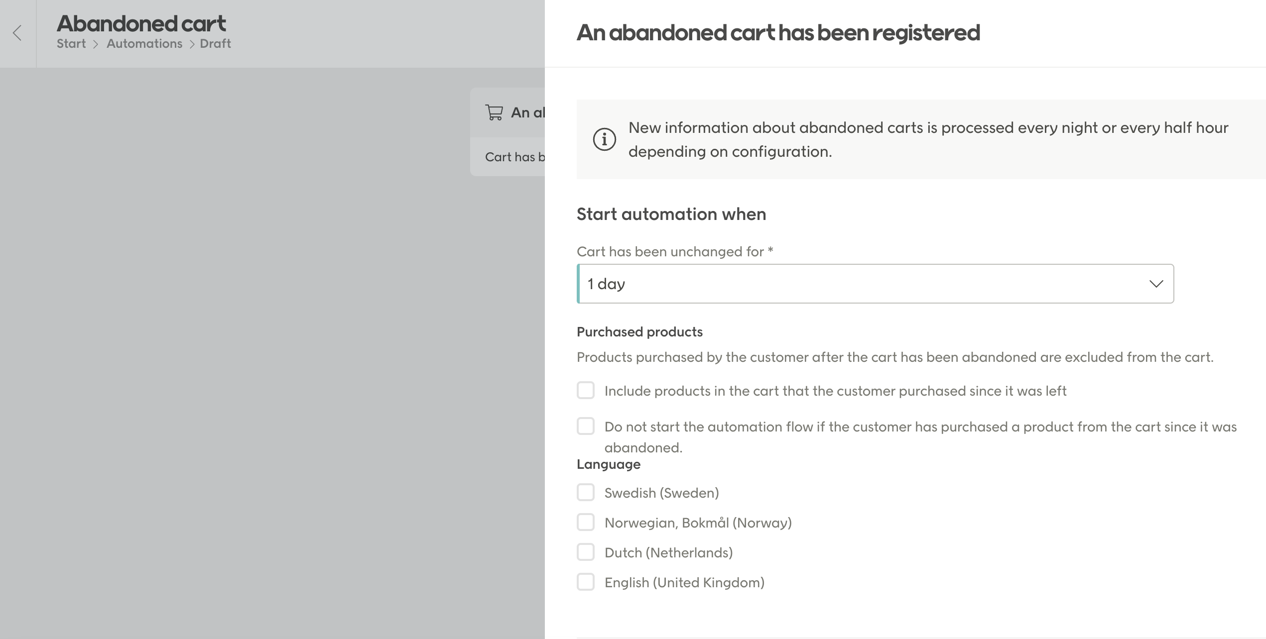 Abandoned cart trigger entry criteria dialog