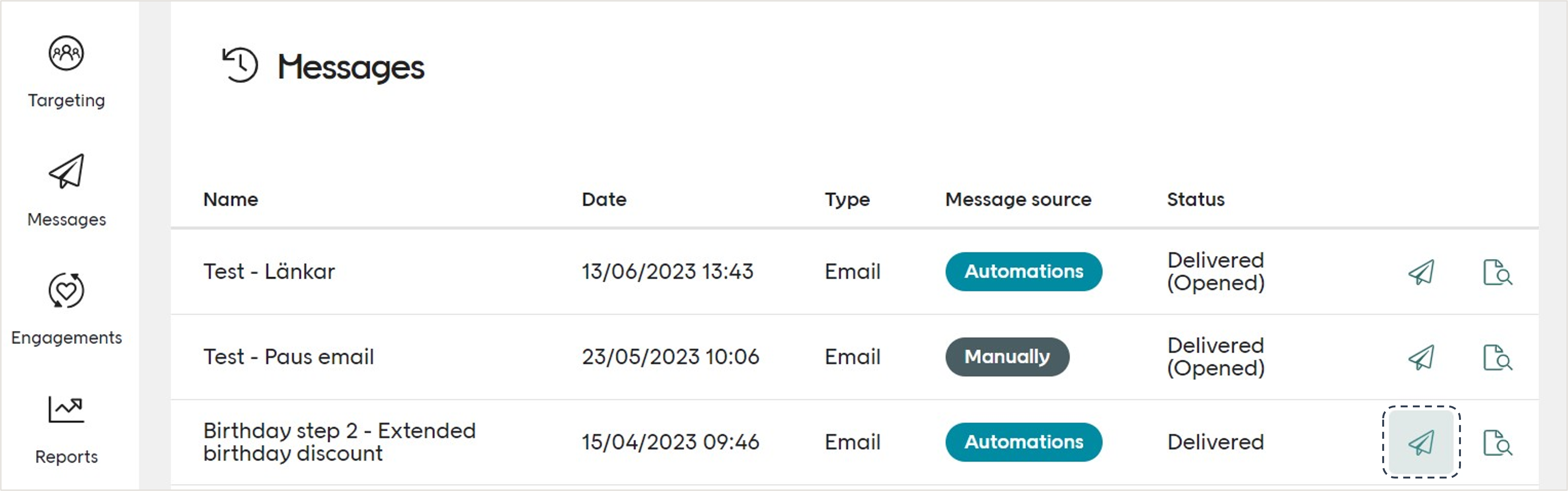 Resend the email icon in messages list