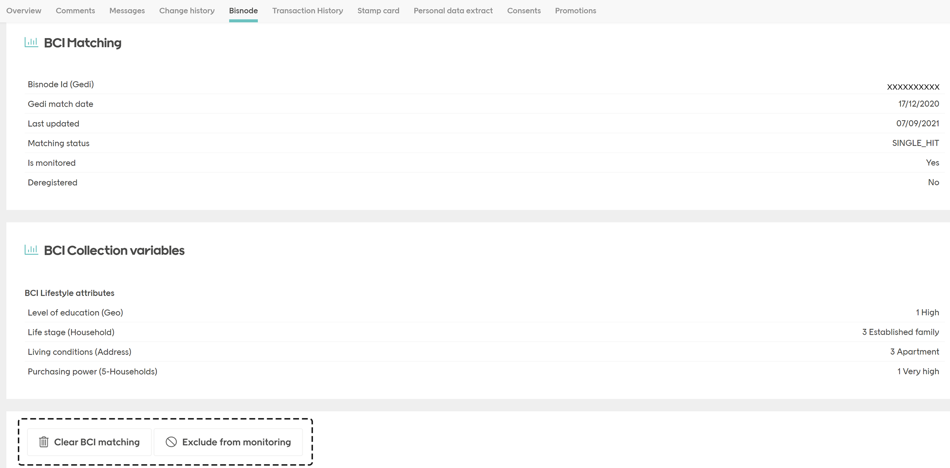 Clear BCI matching and Exclude from monitoring buttons 
