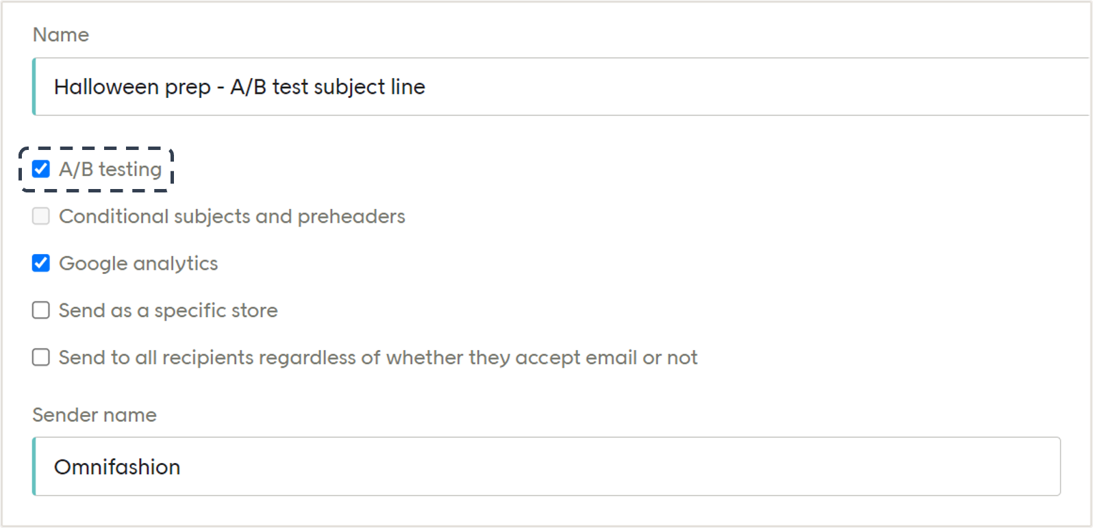 A/B testing box highlighted in new email settings