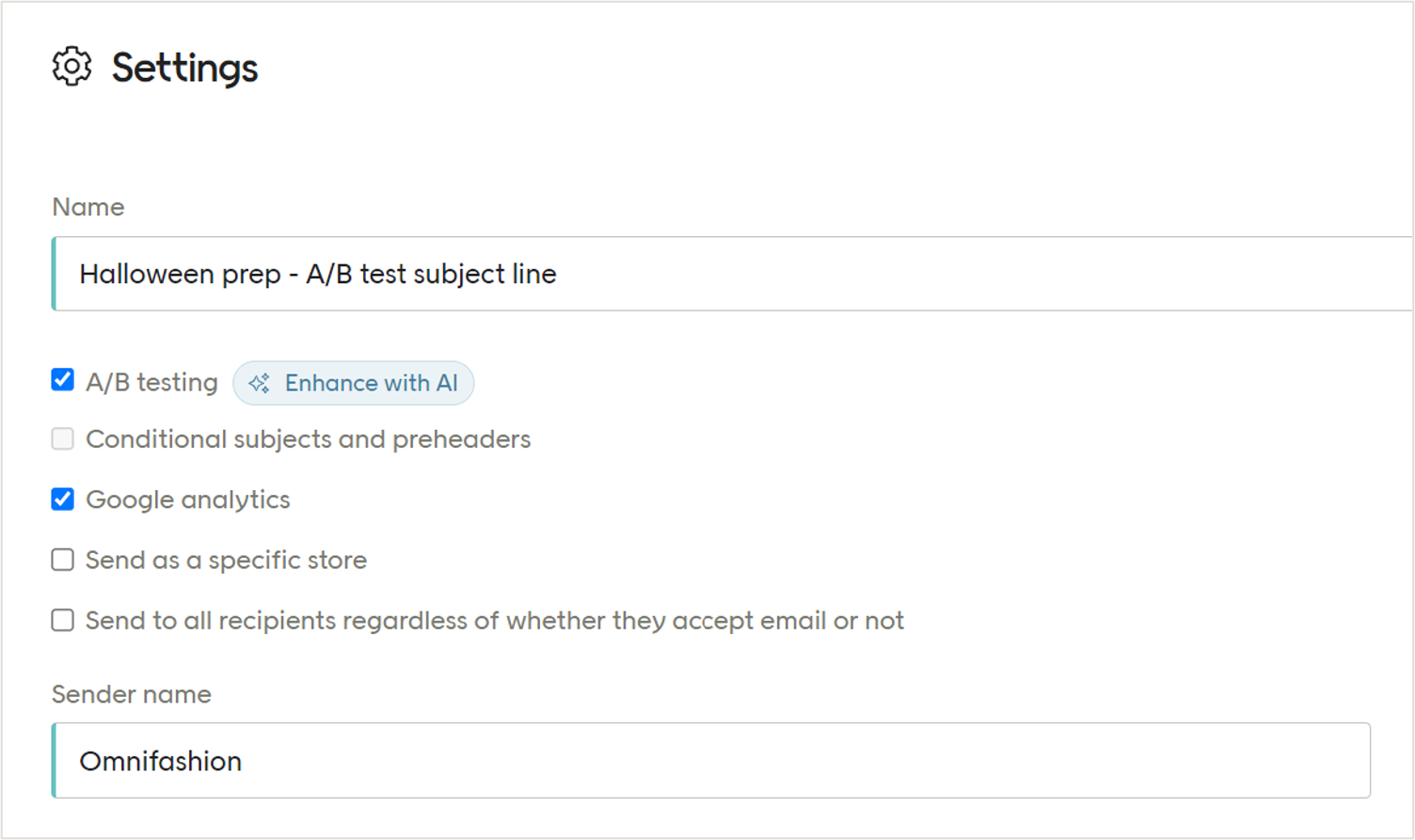 Email settings with A/B testing checked