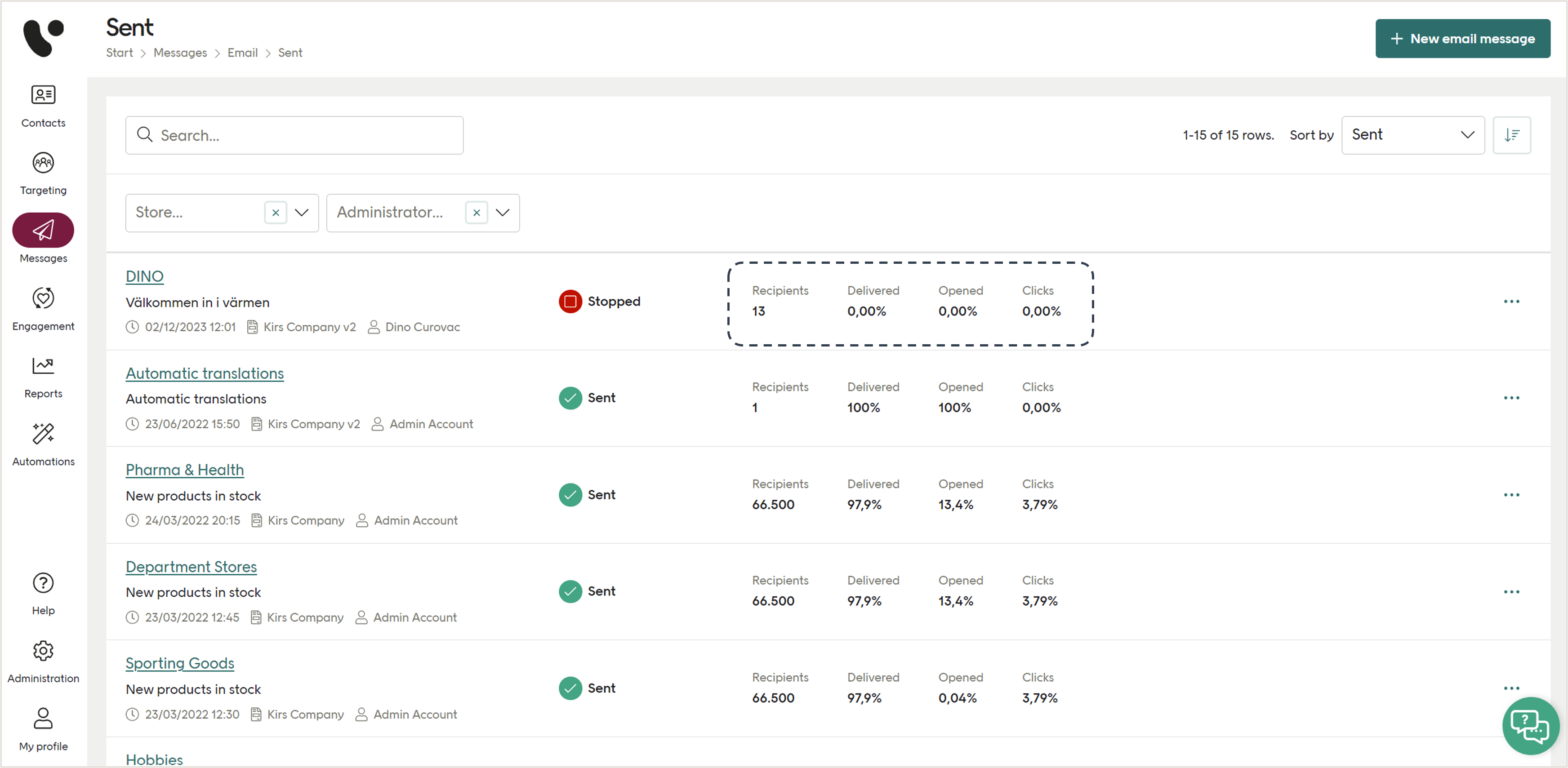 Email statistics in the list view of sent emails
