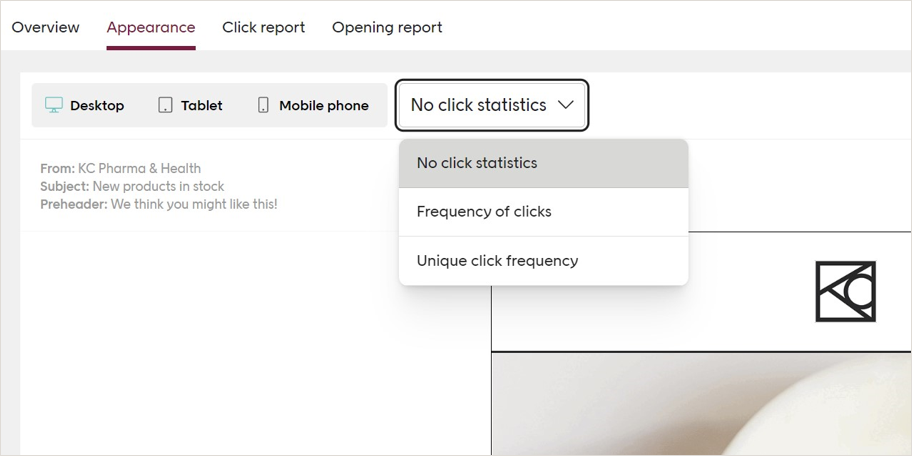 Appearance tab with click statistics dropdown