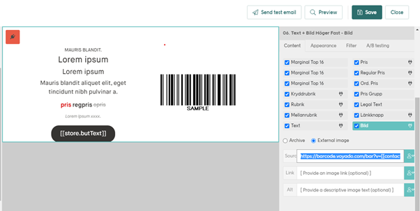 A barcode pasted into the Engage email editor 