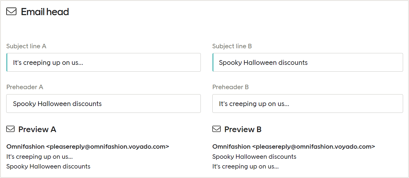 Preview A and Preview B for email headers