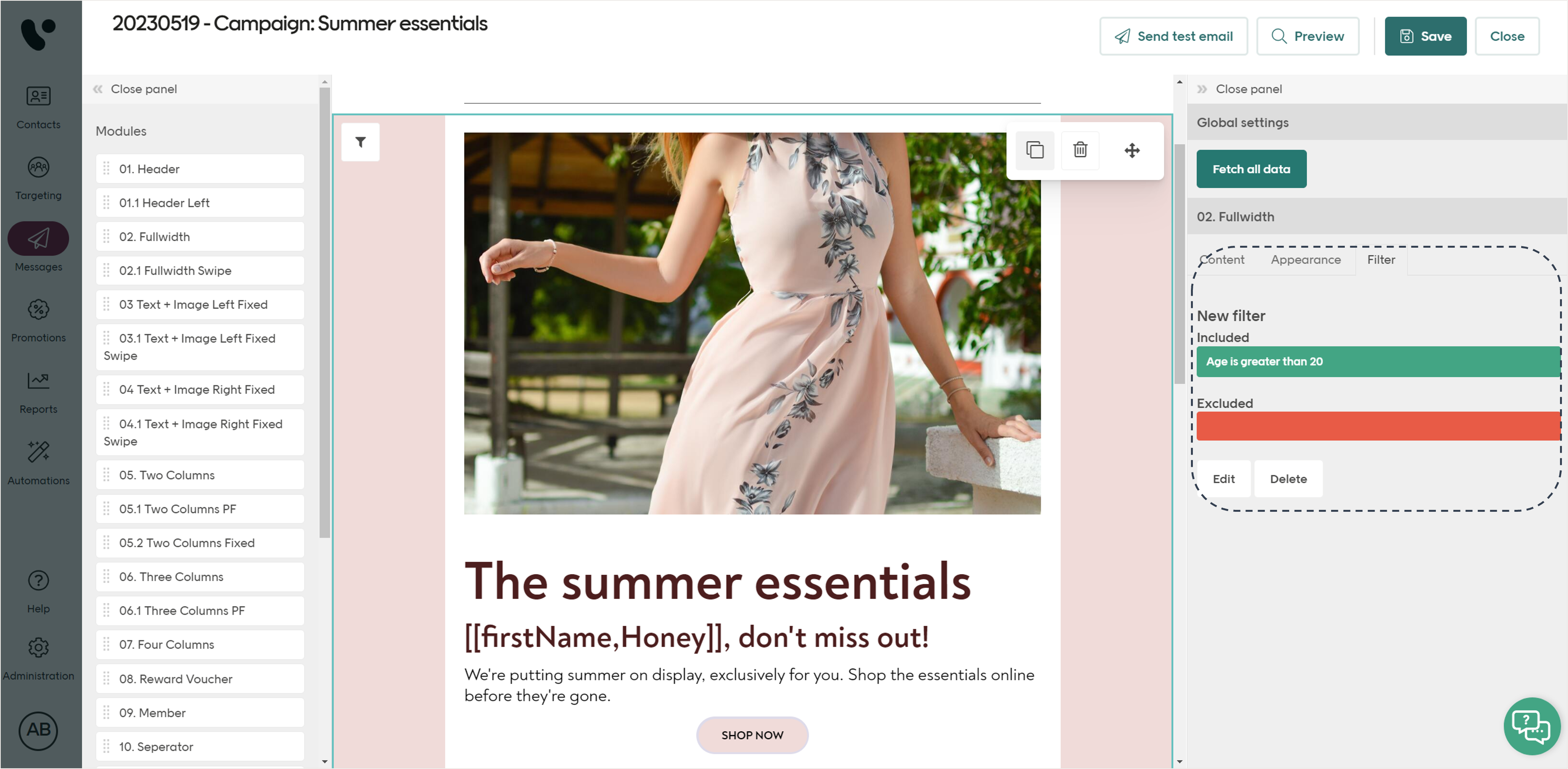 Filters in the email editor