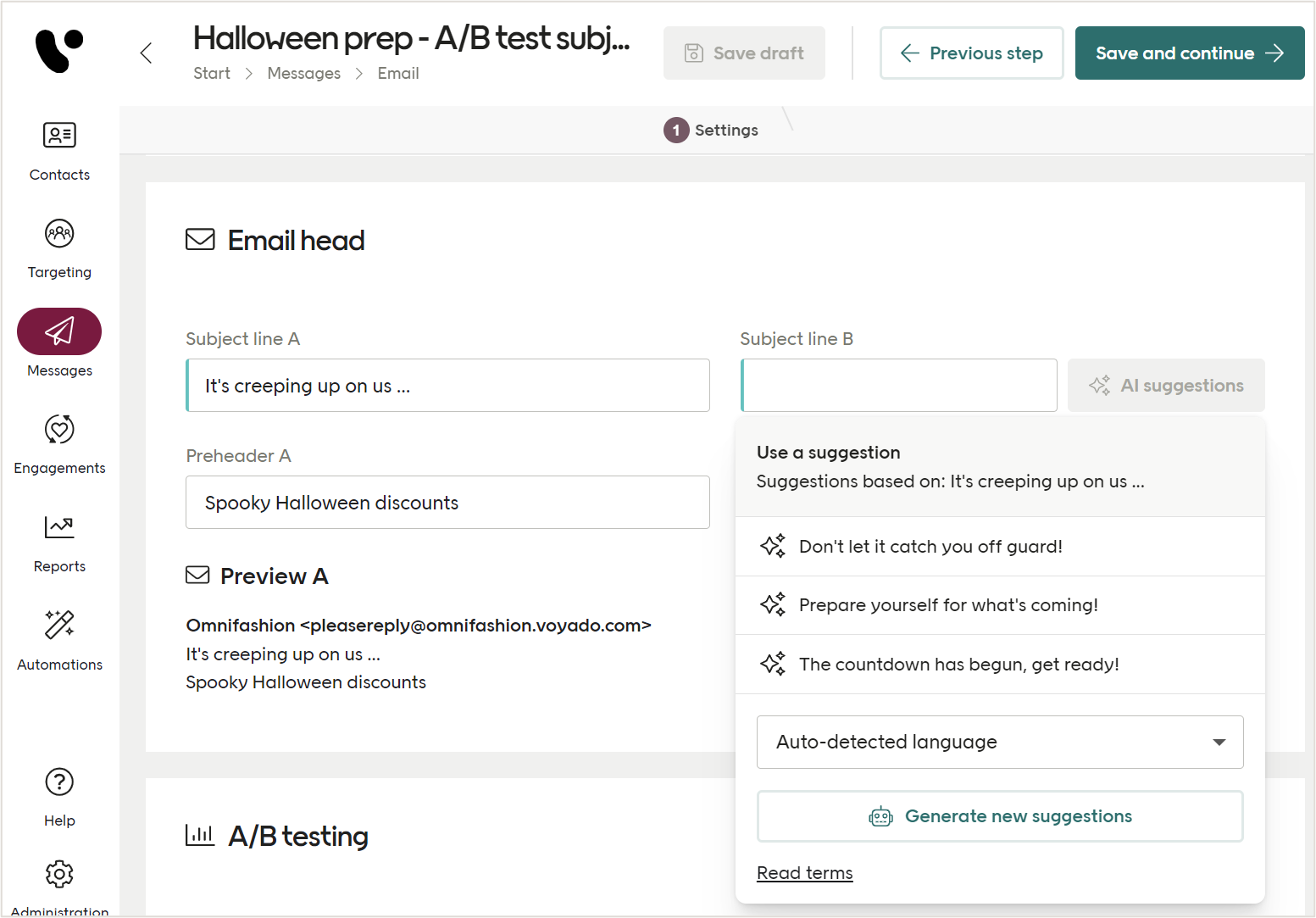 Example of how to use AI suggestions for a subject line B