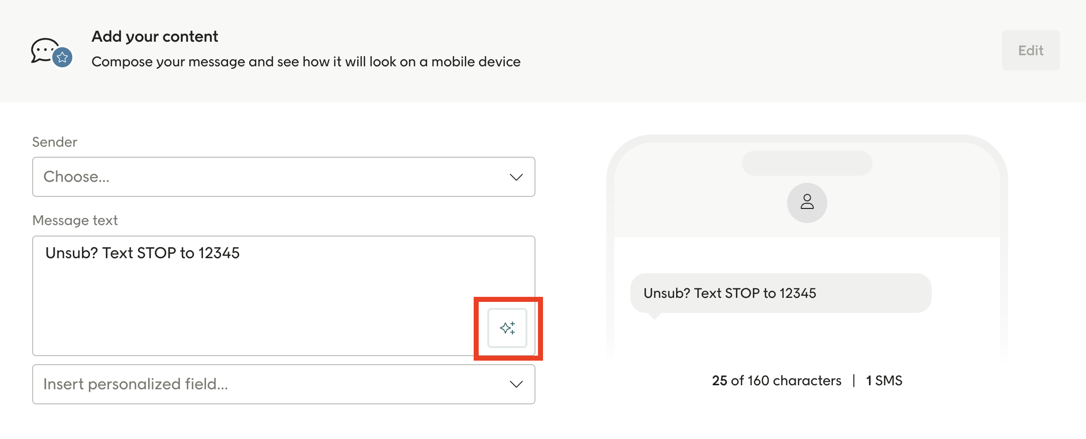 AI suggestions button for SMS