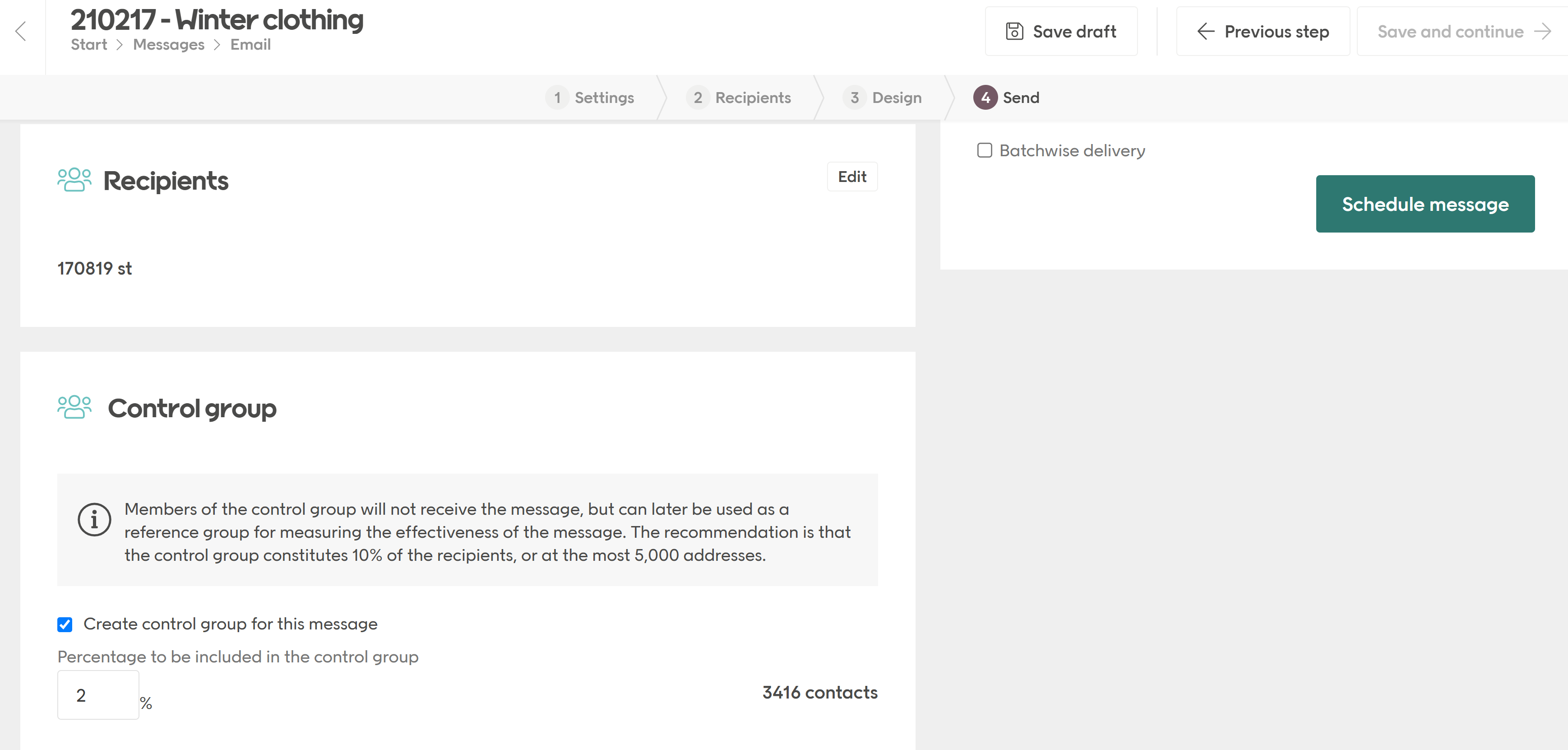 Control group settings in Engage