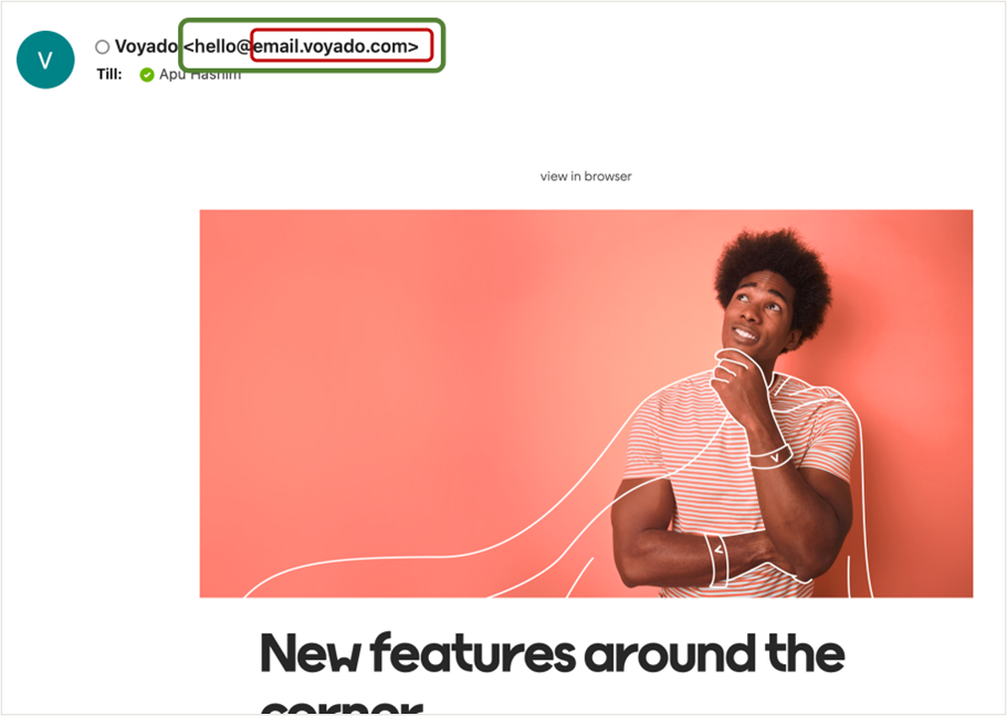 Sender name and address in the inbox