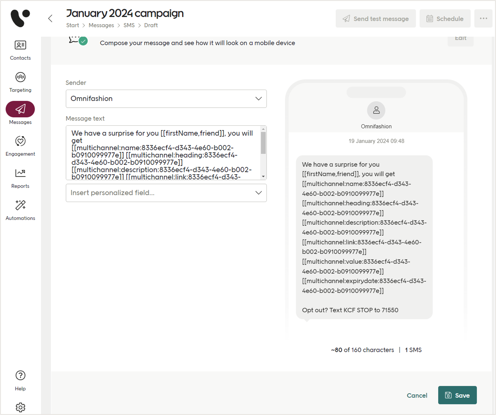 Multichannel promotion in personalized fields in SMS