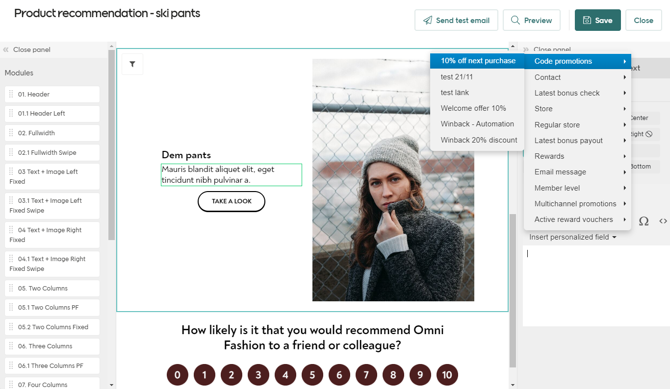Insert a code promotion in an email 
