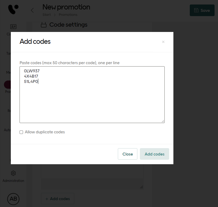Add codes dialog in Engage