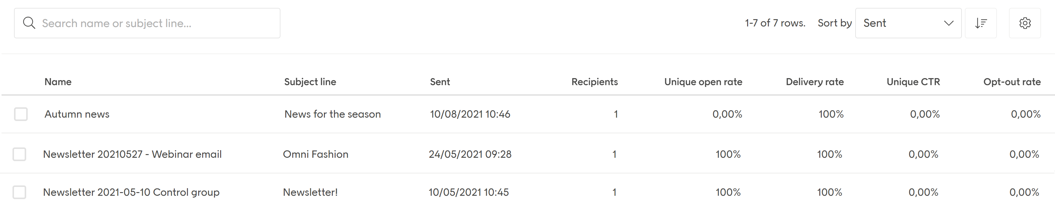 Sendouts table Engage screenshot