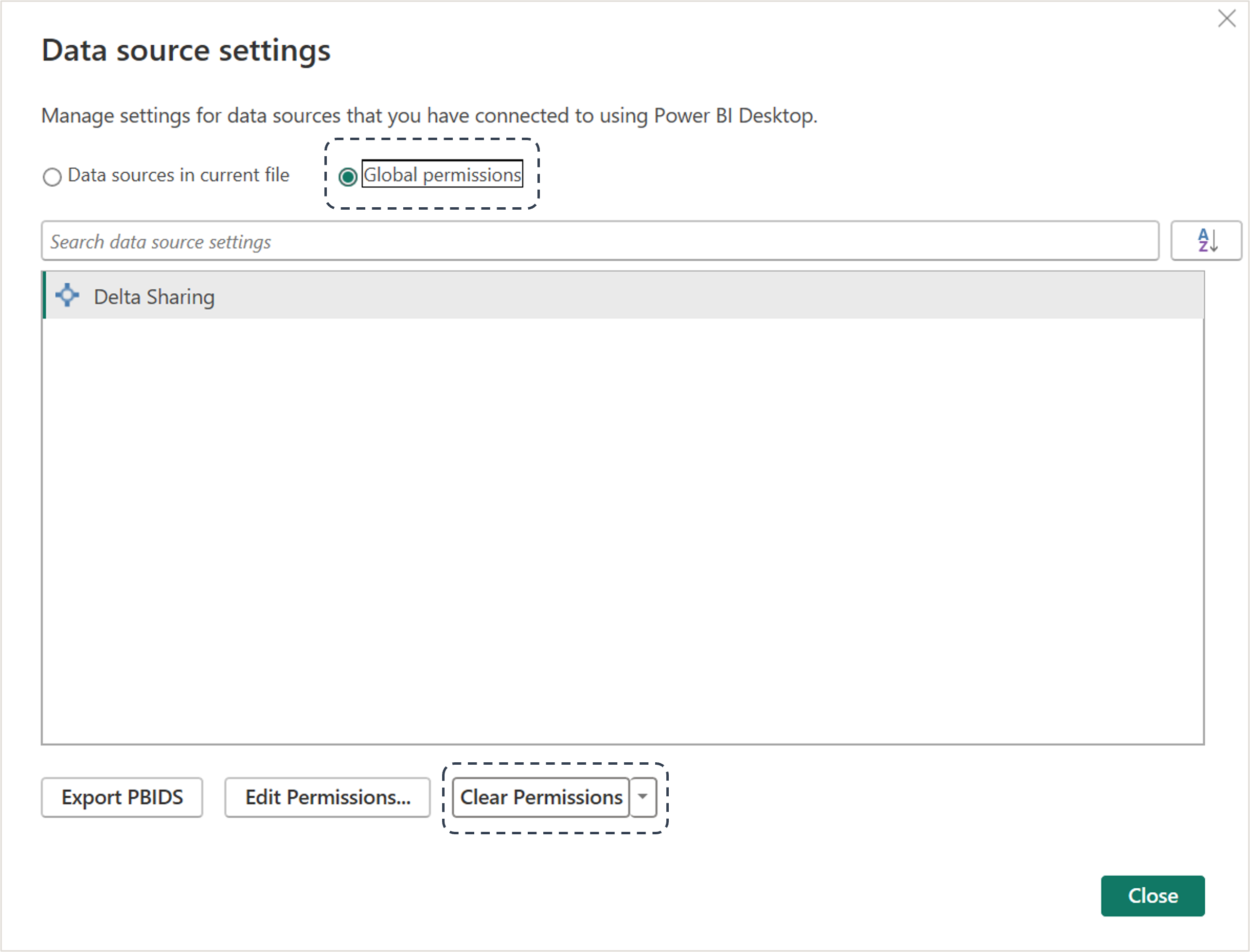 Clear Permissions in data source settings