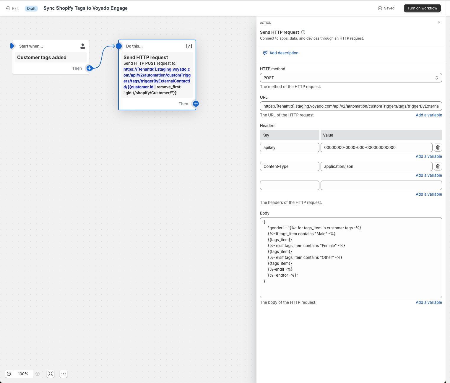 Sync Shopify Tags to Voyado Engage workflow