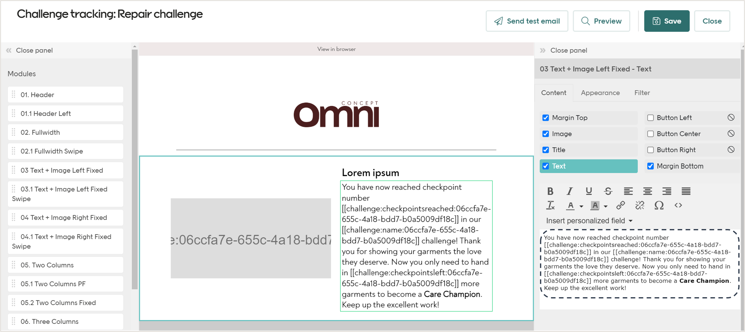 Challenge fields in the text editor