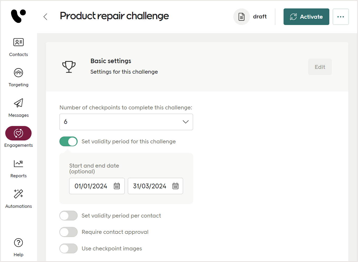 Settings for Product repair challenge, including number of checkpoints and validity period