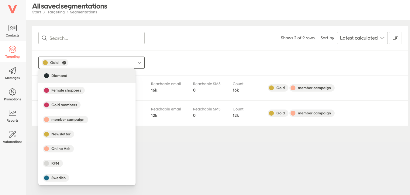 Search segmentations or filter by tags