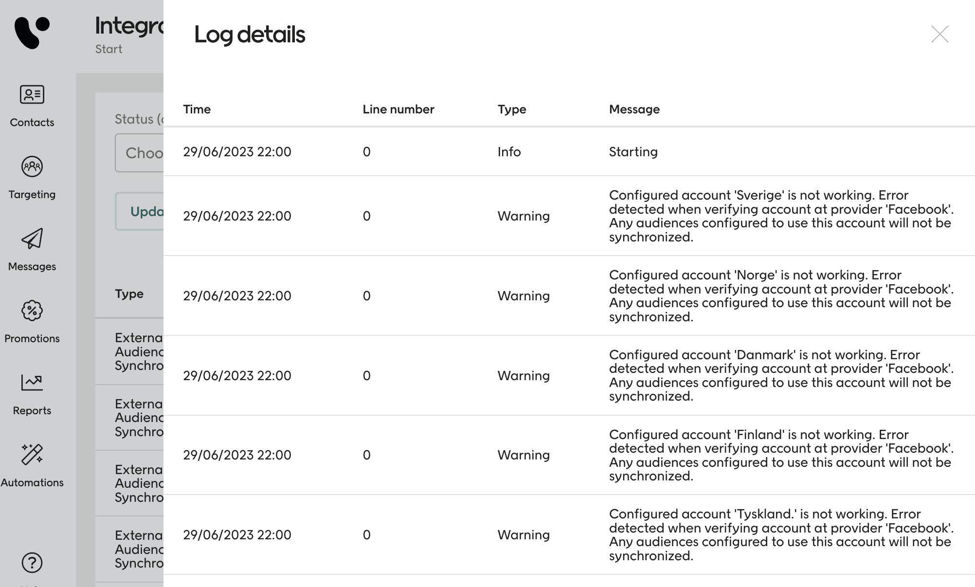 Integration log details screenshot