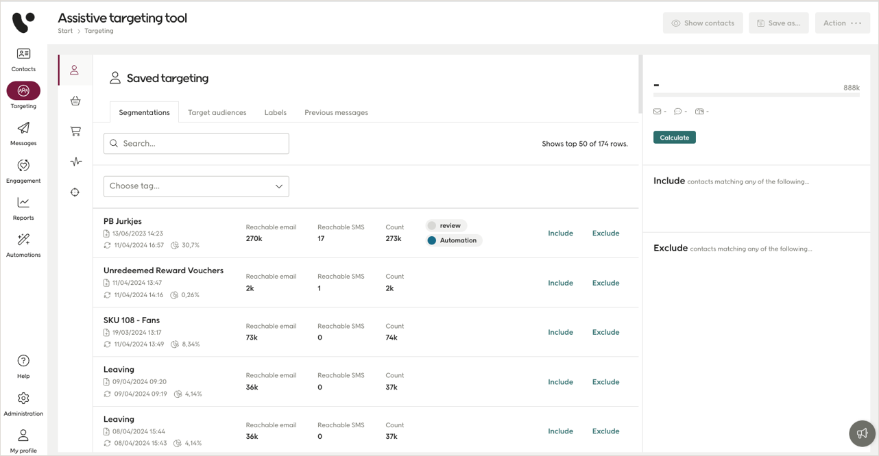 Segmentations view in targeting tool