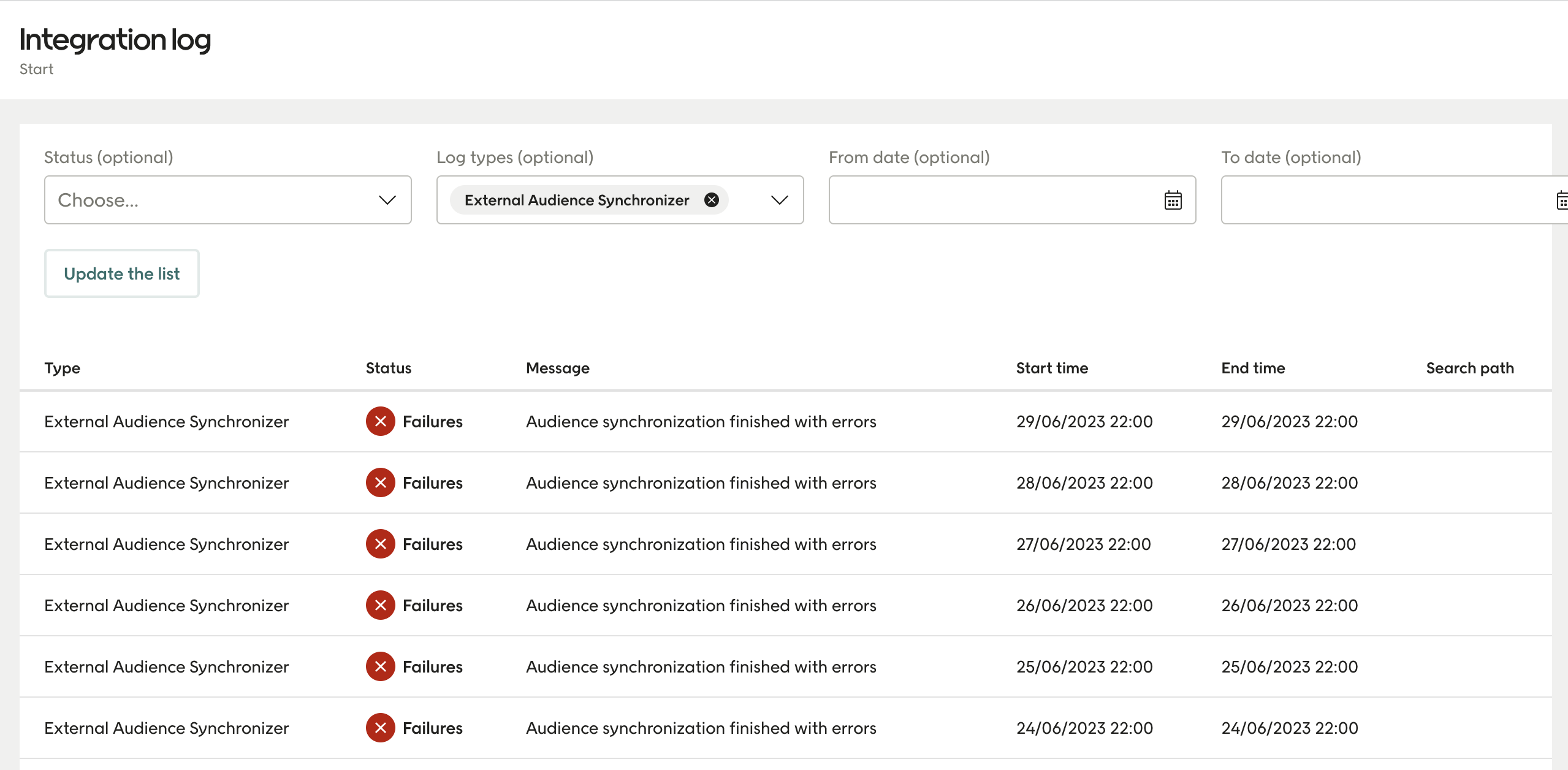 Integration log screenshot
