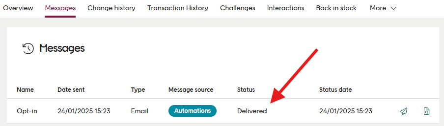 Message list with delivery status highlighted