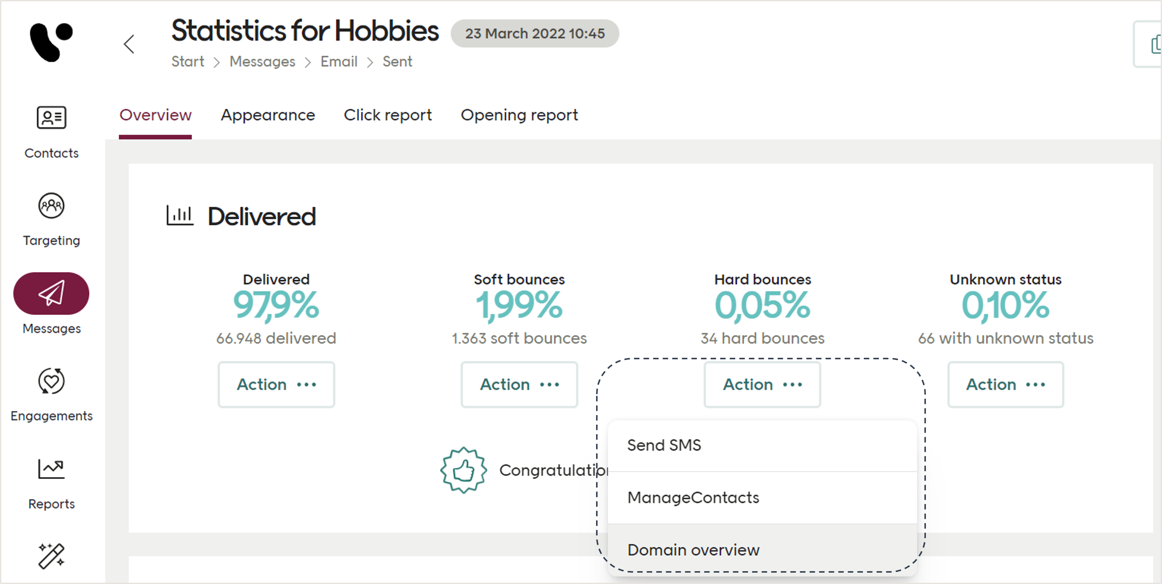 Domain overview action menu