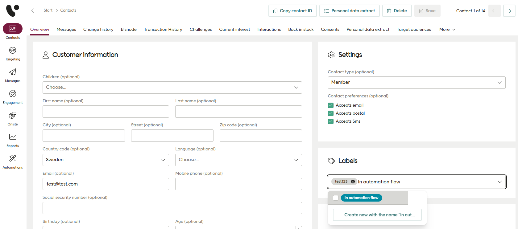 Labels in contact card