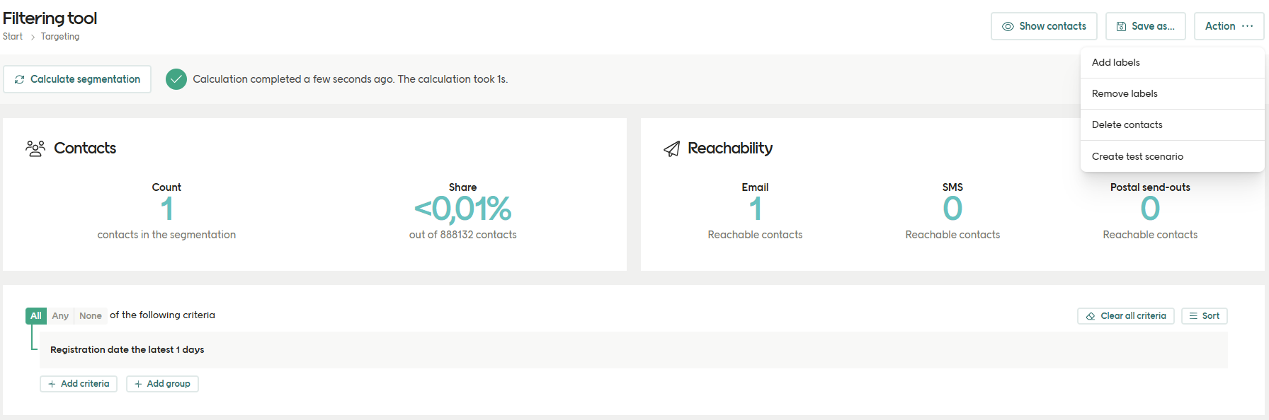 Add a label to a segment in filtering tool