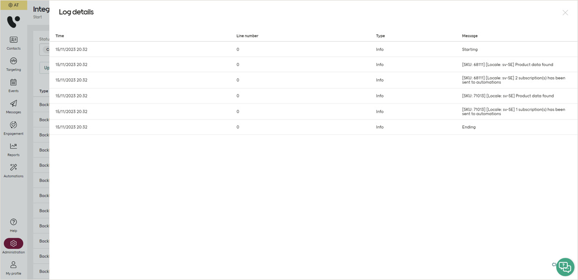 Integration log details screenshot