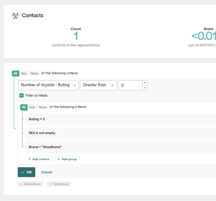 Display of number of contacts in chosen segmentation