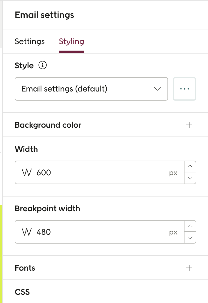 Styling settings for email