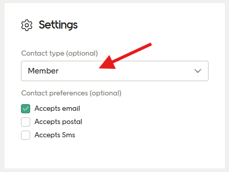 Contact type on a contact card 