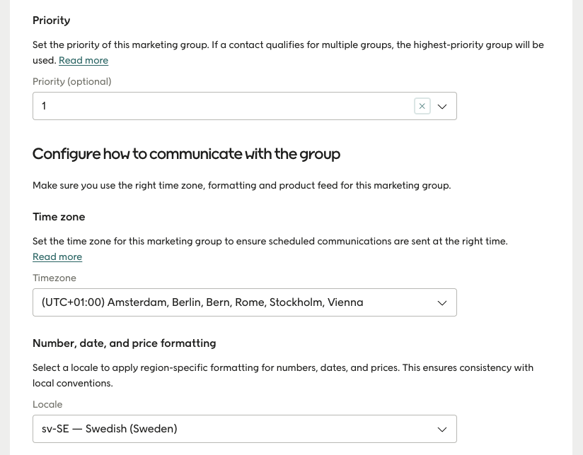 Marketing groups settings