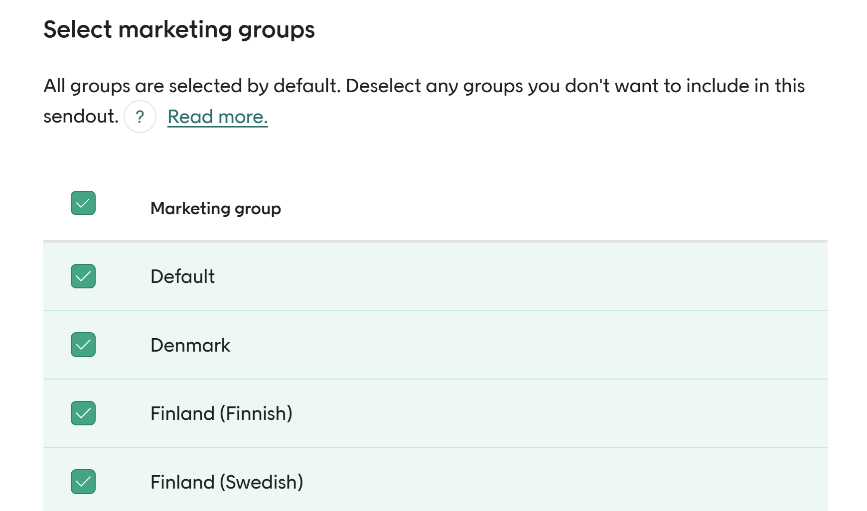 Select marketing groups dialog