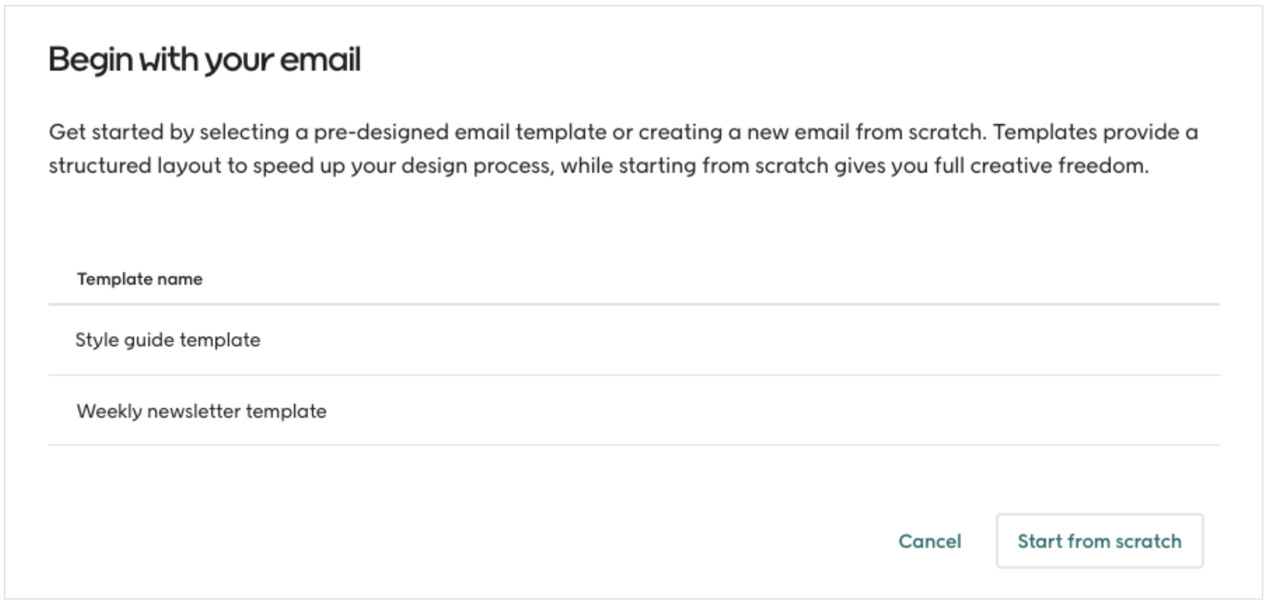List of email templates dialog
