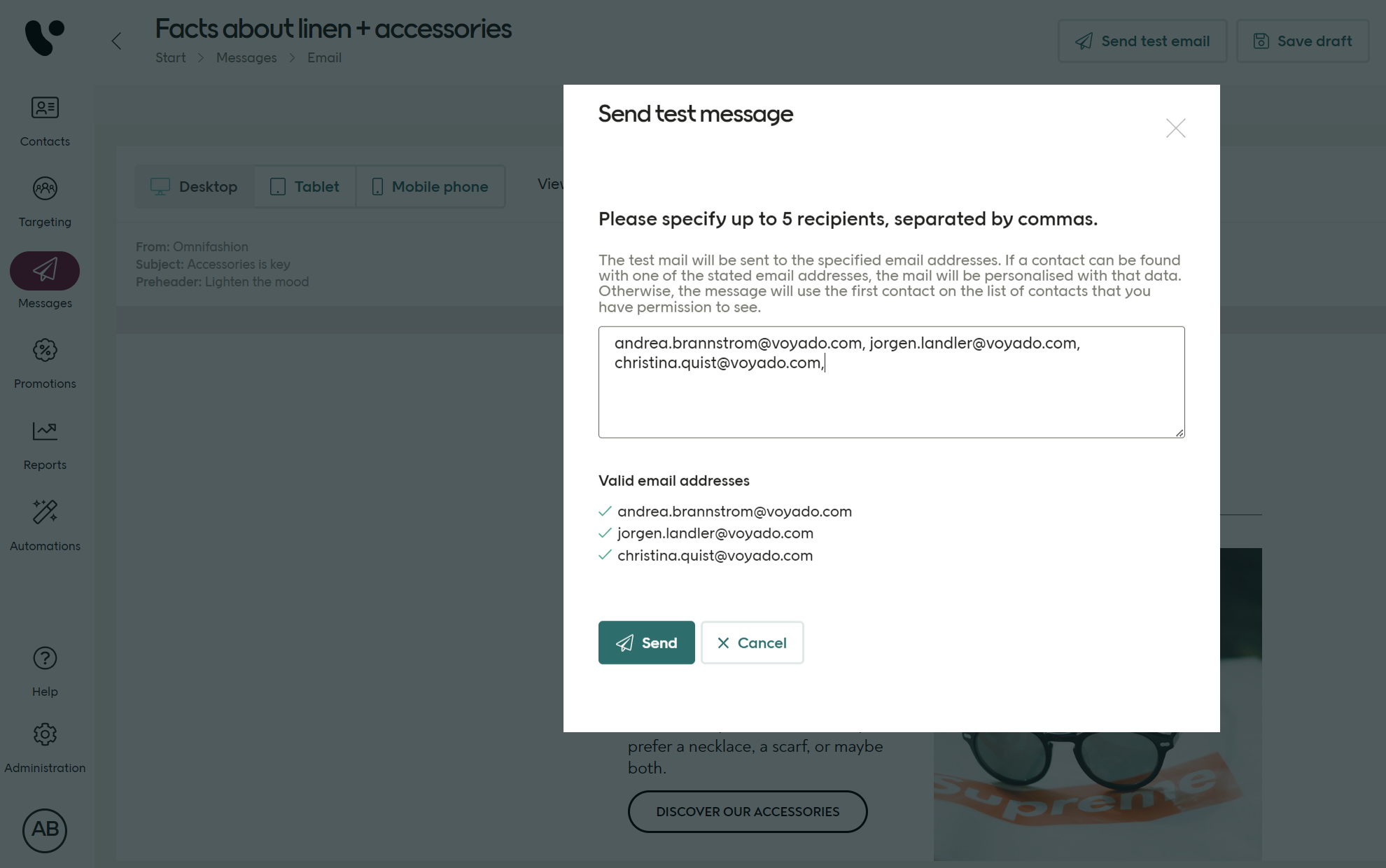 Send test message dialog