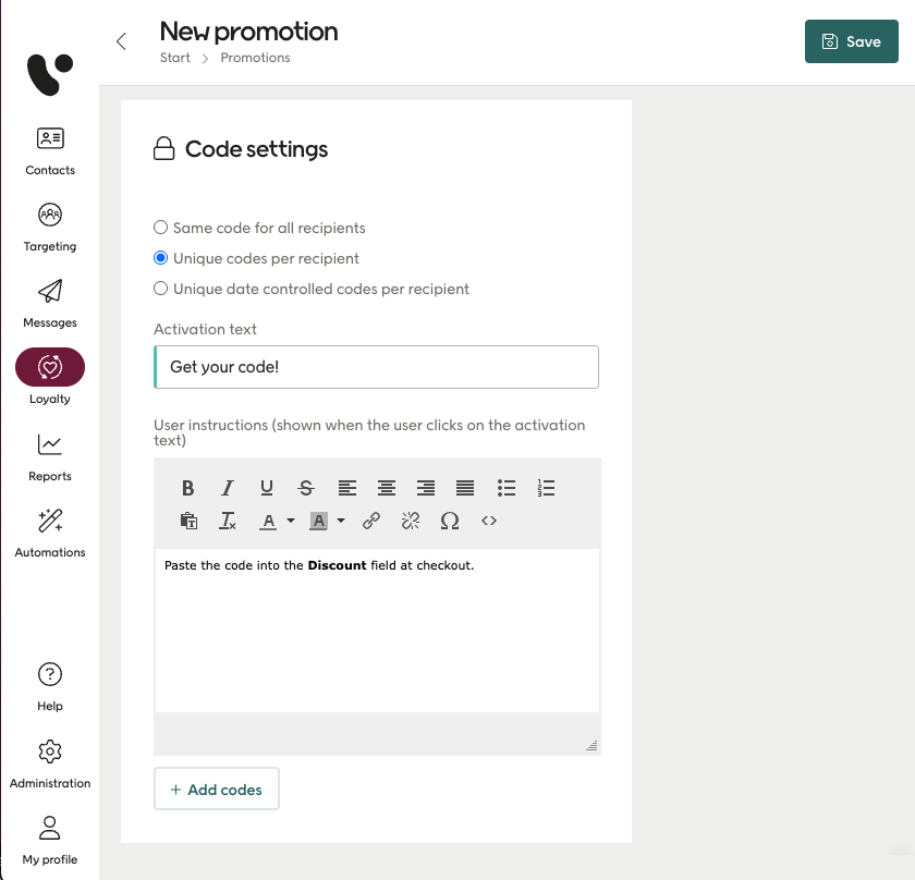Code settings in Engage for emails
