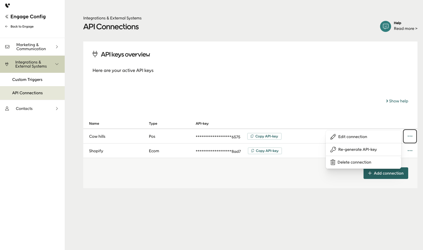 Screenshot of menu for API connections in API keys overview panel