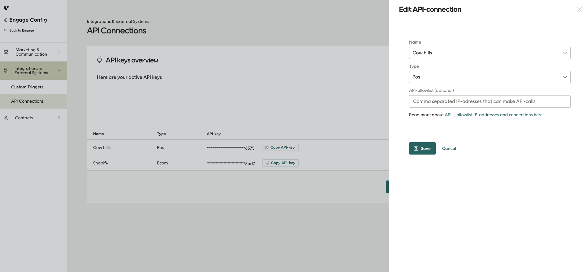 Edit API connection dialog in Engage Config