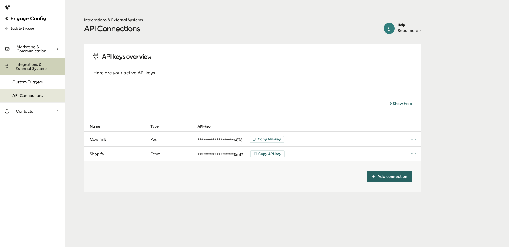 Screenshot of API keys overview in Engage Config