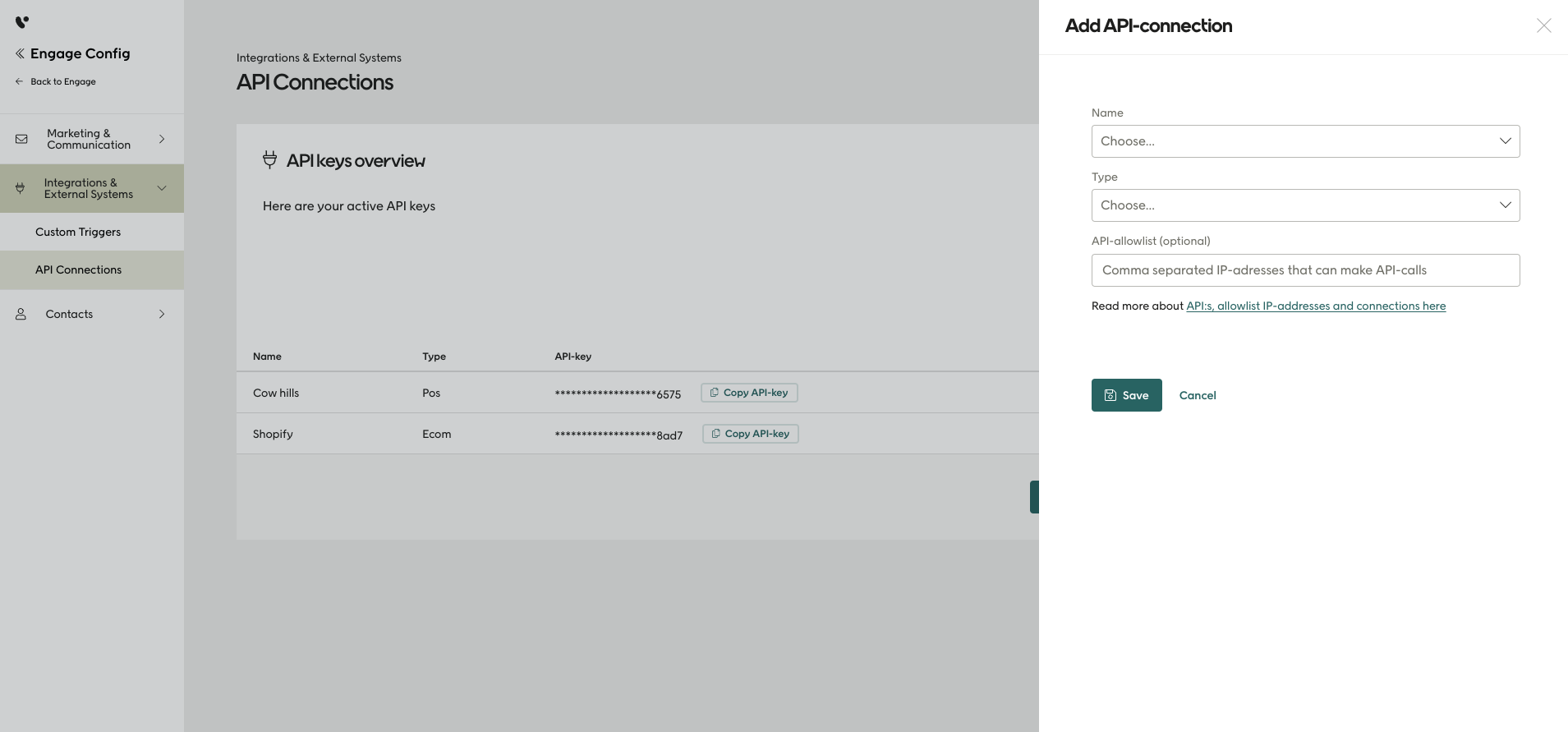 Add API connection dialog in Engage Config