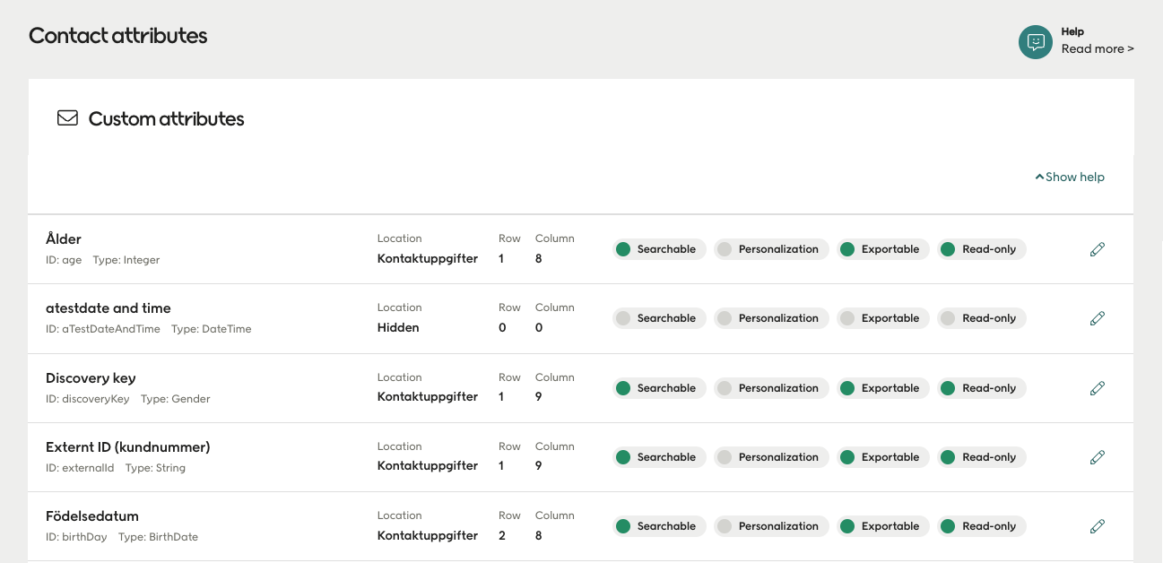 List of contract attributes in the Custom attributes page