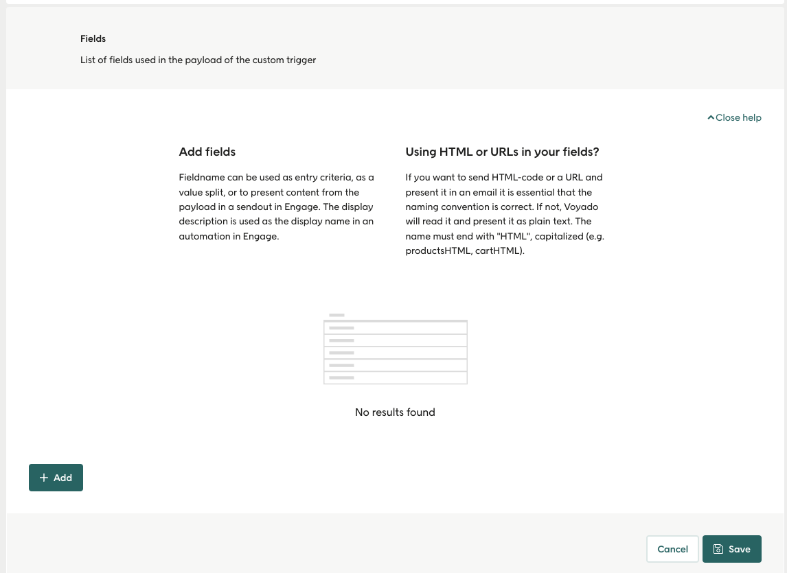 Screenshot of Fields dialog showing currently empty list