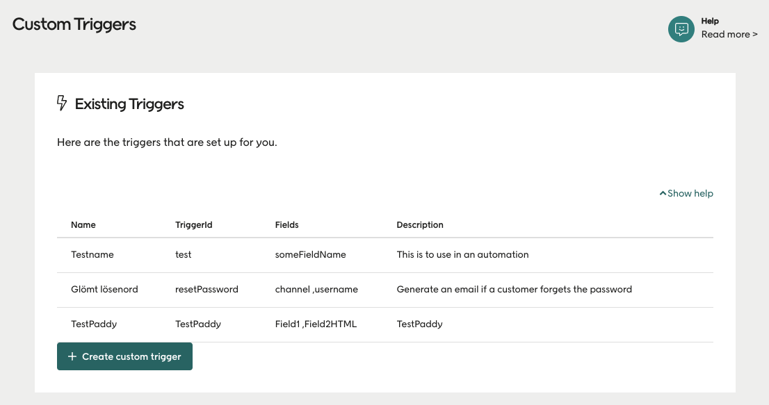 List showing new custom trigger added to existing triggers