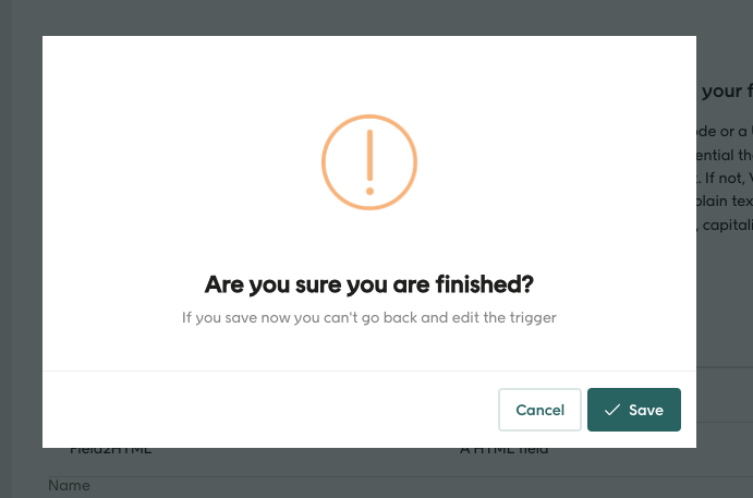 Screenshot of confirmation dialog for saving a new custom trigger