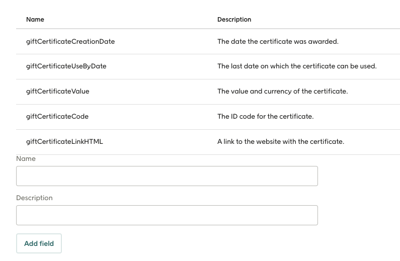 Screenshot of list of fields in Voyado Engage